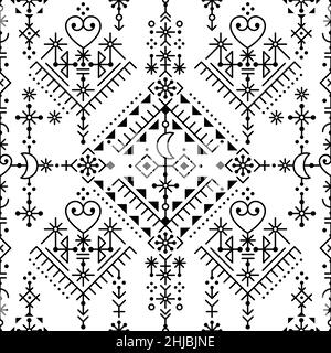 Icelandic style tribal line art vector seamless patten with moons, hearts and geometric shapes, textile or fabric print design inspired by Viking rune Stock Vector