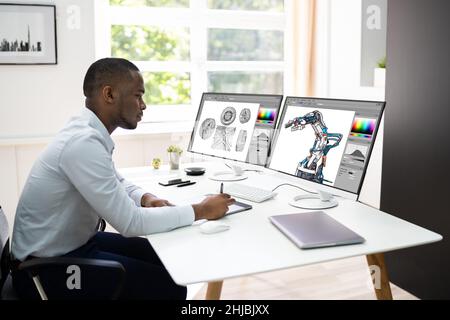 African Graphic Web Designer Using Design Editing Software Stock Photo