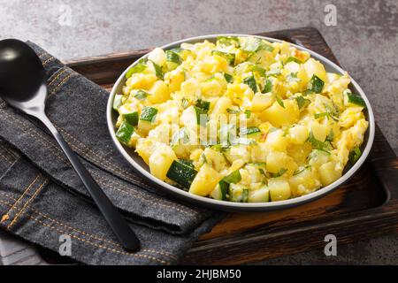 Spanish Scrambled Eggs with Zucchini Onion and Potatoes closeup in the plate on the table. Horizontal Stock Photo