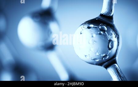 Macro view clear molecule structure with many droplets inside isolated . Molecular isolated in blue bright background Stock Photo