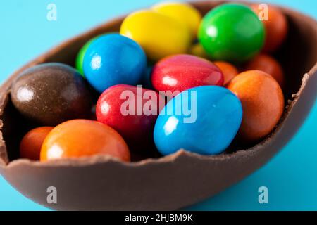 Colorful Easter eggs on blue background Stock Photo