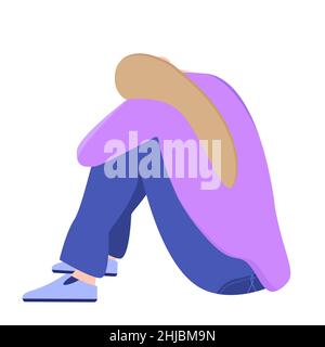 Sad, unhappy woman sitting isolated on white background. Depression concept. Flat vector illustration Stock Vector