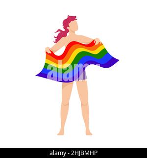 Transgender red head person holding LGBT flag. Rainbow, pride symbol Stock Vector