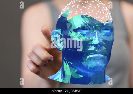 Illustration of a human blue head floating in the air Stock Photo