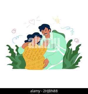 Hispanic ethnicity happy young family couple hugging. Latin American loving future parents, pregnancy, parenthood planning, togetherness concept Stock Vector