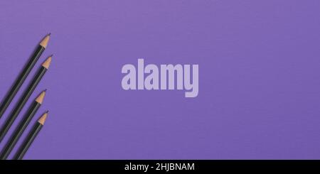 Black pencils on purple paper, top view, office supplies Stock Photo