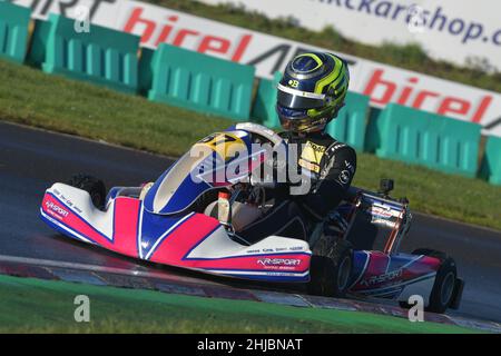 Oliver Bearman is a highly rated British racing driver, he won the 2021 Italian and ADAC Formula 4 championships and is a member of the Ferrari Driver Academy. Seen here getting back to his Karting roots prior to his campaign in the 2022 FIA Formula 3 Championship. Stock Photo