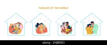 Four happy families hugging in their home. Latin american, african american, european, caucasian, asian. Parenthood, pregnancy, couples, old and young Stock Vector