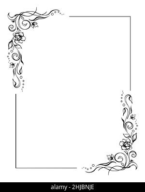 Rectangular floral frame, rose border template with flourishes in two corners. Elegant hand-drawn decorative elements, foliage and blossom. Editable Stock Vector