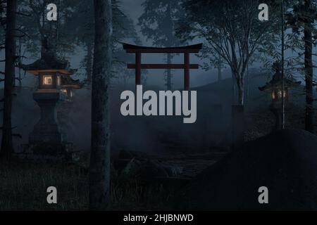 3d rendering of an old japanese shrine with red torii gate and wooden ...