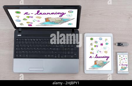 E-learning concept shown on different information technology devices Stock Photo