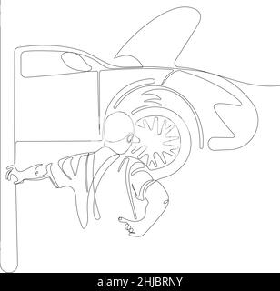 repairman in uniform looks at a raised car Stock Vector