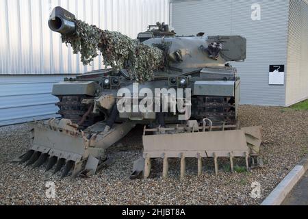 British army Chieftain Mark 5 main Battle Tank fitted with a Pearson Engineering Track Width Mineplough, Bovington Tank Museum, Dorset, England Stock Photo