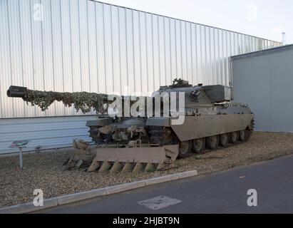 British army Chieftain Mark 5 main Battle Tank fitted with a Pearson Engineering Track Width Mineplough, Bovington Tank Museum, Dorset, England Stock Photo