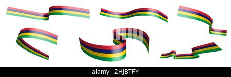Set of holiday ribbons. flag of Mauritius waving in wind. Separation into lower and upper layers. Design element. Vector on white background Stock Vector