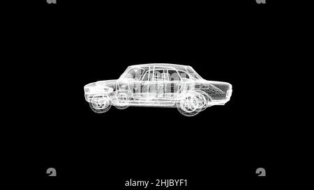 3D model of car on black background. Animation. White particles are collected in x-ray 3D model of car rotating on black isolated background. Stock Photo