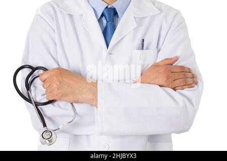 Cropped shot of an unrecognizable male doctor standing with his arms folded isolated on white Stock Photo