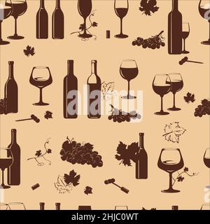 Wine, glass of wine, wine bottles, bunch of grapes, color, pattern Stock Vector