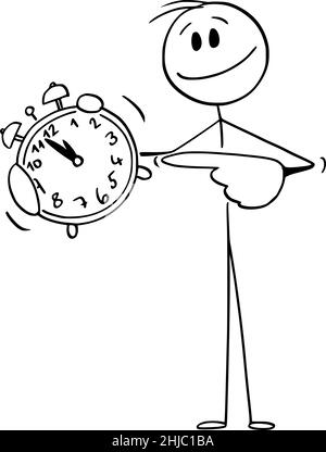 Stickman businessman holding clock and very happy. Hand drawn outline ...