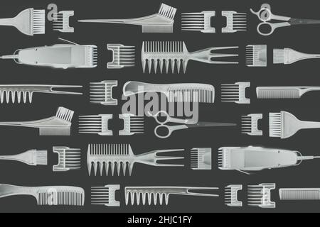 Background from professional hairdressing accessories isolated on dark background. Set hairdressing tools with top views of objects Stock Photo