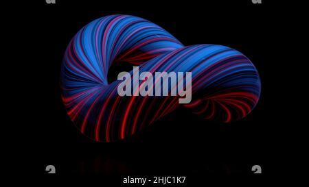 Coloured curved figure torus. Three-dimensional animation of bundle of twisted in circle of luminous threads. Abstract neon animation of torus in isol Stock Photo