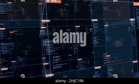 Tables with source codes on black background. Animation. 3D table in cyberspace with changing values and source codes. Transparent table with program Stock Photo