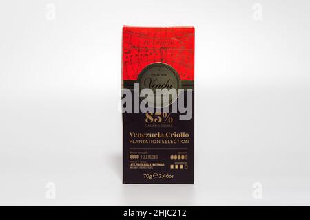 Venchi Italian dark chocolate package with logo. Venezuela 85% cocoa bar of famous brand on packaging with content details, against white background. Stock Photo