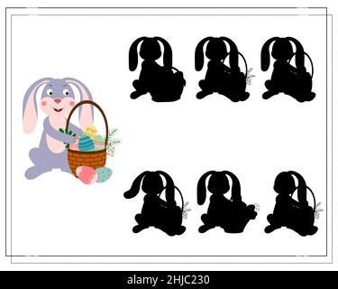 Children's logic game find the right shadow. A hare with a basket of Easter eggs. Vector isolated on a white background. Stock Vector