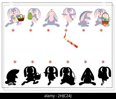 Children's logic game find the right shadow. A hare with a basket of Easter eggs, a hare with flowers. Vector isolated on a white background Stock Vector