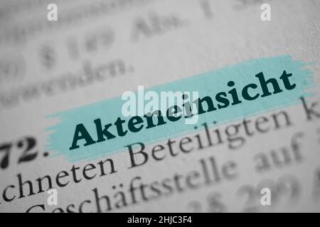 Closeup on the highlighted German word 'Akteneinsicht' in a newspaper. Stock Photo