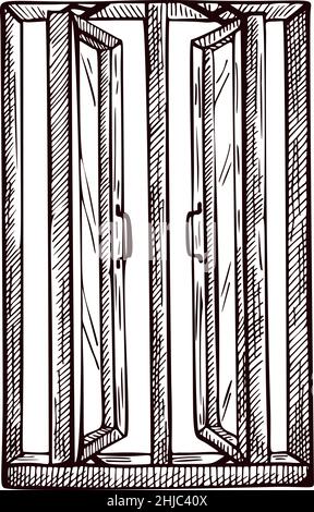 Opened window rectangle sketch isolated. Retro element inside wall in hand drawn style. Engraved design for poster, print, book illustration, logo, ic Stock Vector