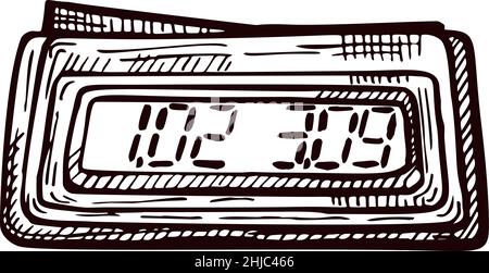 Chess clock electric sketch isolated. Retro watch for chess game in hand drawn style. Engraved design for poster, print, book illustration, logo, icon Stock Vector