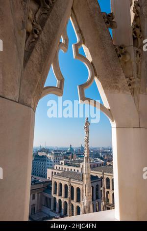 Marble sculpture on the roof of Duomo Milan Cathedral from the roof Stock Photo