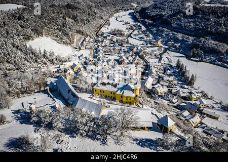 aerial view of the schloß möhren in nature park altmühltal, bavaria, germany, a small fairytale castle for hoiday and wedding Stock Photo