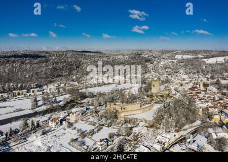 aerial view of pappenheim, a small village with castle in nature park altmühltal, bavaria, germany on sunny day in winter Stock Photo
