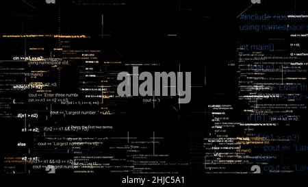 Abstract flight through moving computer code on black background with 3D effect. Lines of written code, futuristic software and informational era conc Stock Photo