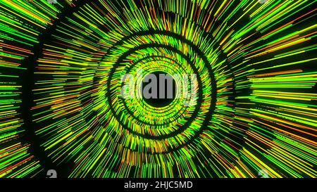 Glowing red, green, yellow lines rotating and forming a funnel. Colorful vortex spinning on black background, seamless loop. Stock Photo