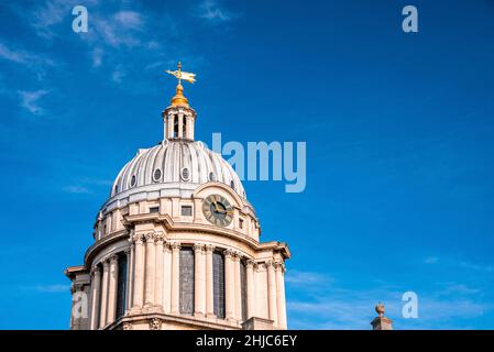 Clock tower against a blue sky at University of Greenwich Stock Photo