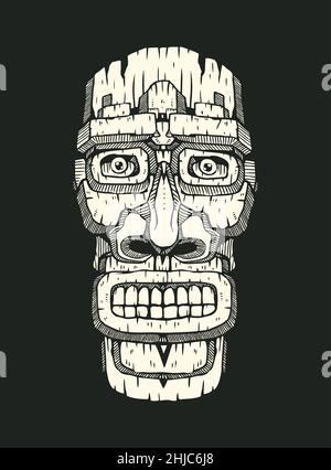 Hawaiian tiki statue mask. White shape on a black background, hand drawn design element. vector illustration Stock Vector