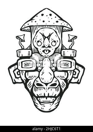 A surreal totem with a mask and mushrooms. Outline vector illustration isolated on white background for tattoos, posters, printing on T-shirts. Stock Vector