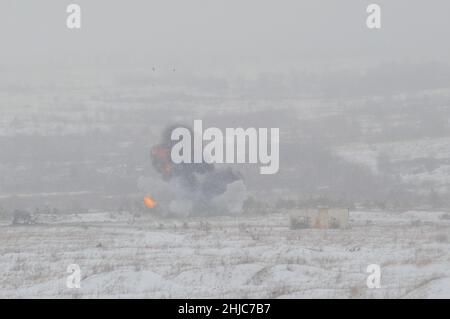 Lviv, Ukraine. 28th Jan, 2022. Explosion, neutralization of the target seen during practical launches of NLAW ATGM at the International Center for Peacekeeping and Security of the National Academy of Land Forces. Credit: SOPA Images Limited/Alamy Live News Stock Photo