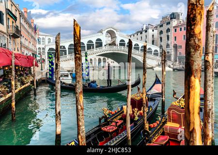 Amazing romantic Venice town, Rialto bridge over Grand Canal and gondolas. Italy travel and landmarks