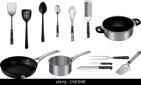 https://l450v.alamy.com/450v/2hjc8nr/vector-realistic-kitchen-cooking-utensils-set-in-black-and-stainless-steel-on-white-background-2hjc8nr.jpg