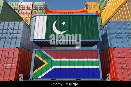 Freight containers with South Africa and Pakistan national flags. 3D Rendering Stock Photo