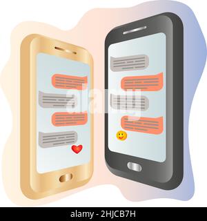 Mobile app messenger with chatting dialog with emoji on two mobile phones screen Stock Vector