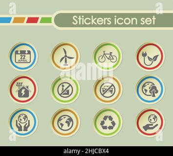 earth day simple vector icons on round stickers Stock Vector