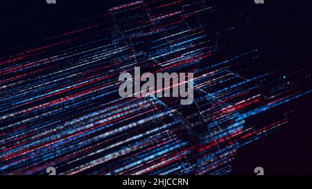 Purple and blue abstract dotted lines flying fast. Glowing beams of energy or flowing data, optical fiber on black background. Stock Photo
