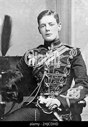 Winston Churchill. British statesman who served as Prime minister of the United Kingdom from 1940 to 1945 during the Second world war. Born on november 30 1874, dead january 24 1965. Picture taken when he 20 years old wearing the uniform of the Husars. Stock Photo