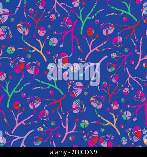 Abstract peony flower seamless vector pattern background. Bright neon color backdrop with scattered flowers on stems. Modern faux lino print style Stock Vector