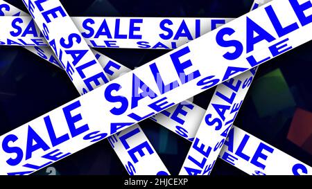 Abstract many words sale written on moving lines on dark background, seamless loop. Animation. Concept of online shopping, many crossing tapes with sa Stock Photo